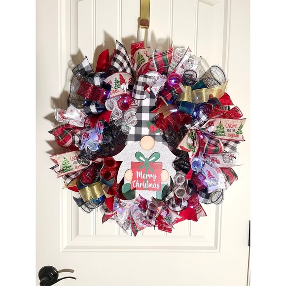 Handmade Merry Christmas Gnome Holiday Ribbon Door Wreath 22 ins W45 - Picture 12 of 12